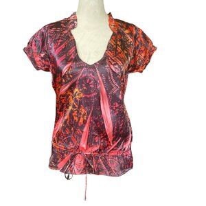 L8teR women's small short cap ruffled sleeves modern tie-die drawstring top